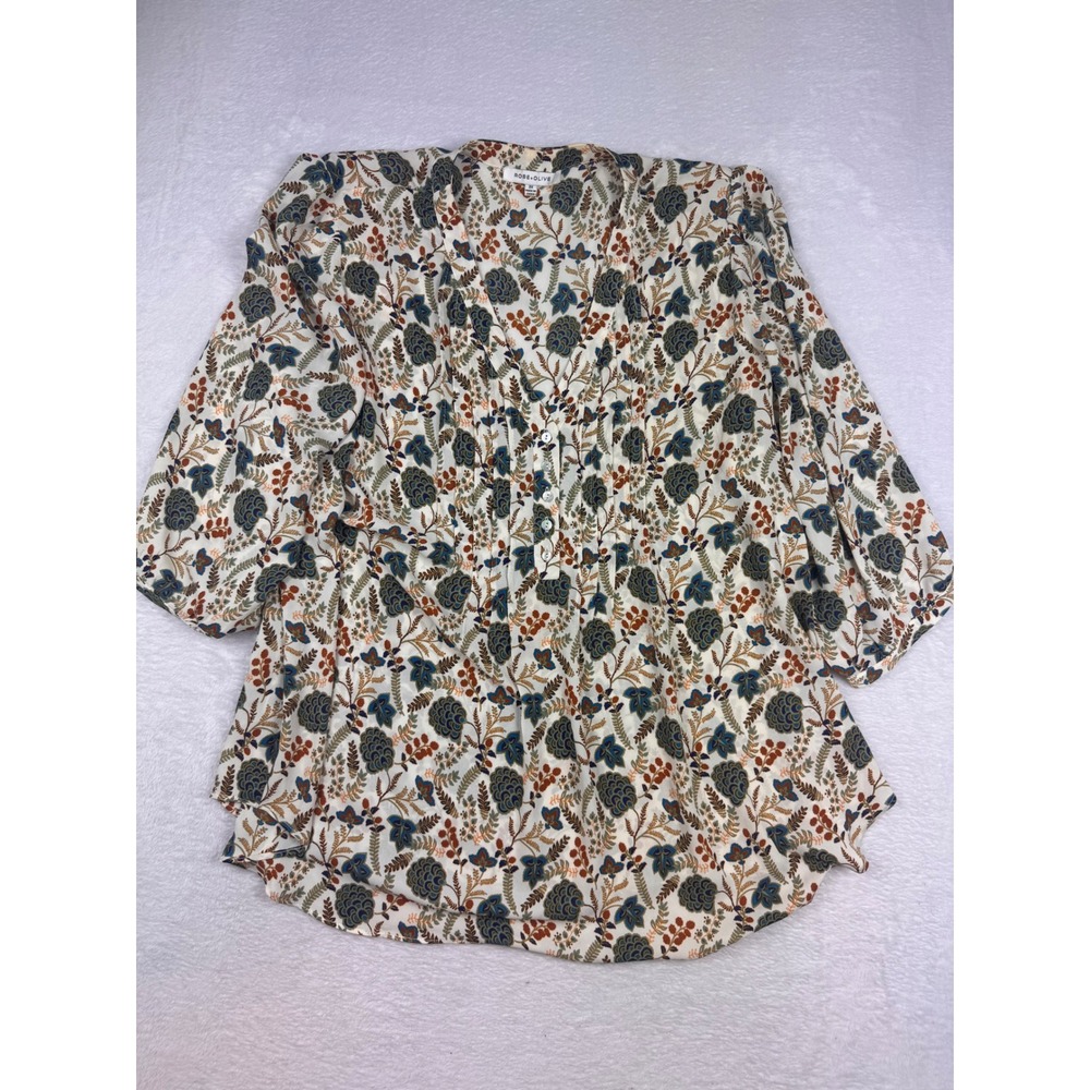 Rose + Olive Floral V-Neck Blouse 2X Blue Rust Cream 3/4 Sleeve Pleated Top